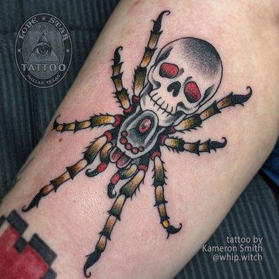 Super cool skull spider by @whip.witch  Kam is here whippin' out clean tattoos Friday-Tuesday!