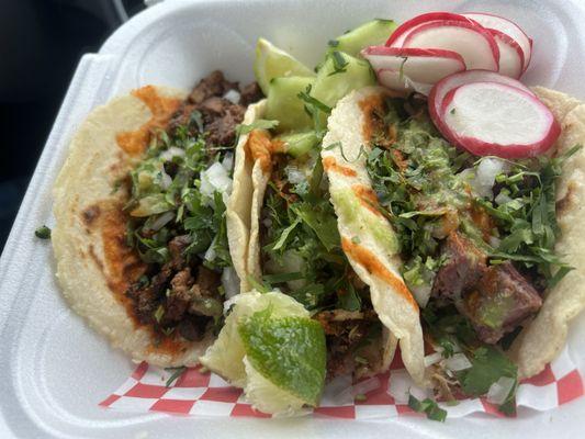 Pastor (left) Carnitas (middle) Brisket (right). Lime was squeezed on all tacos.