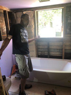 Complete bathroom tear-out. Floor joists were completely rotted under existing bathtub as well as sagging floors throughout the home.