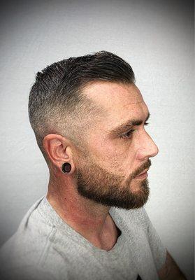 Combover with a mid bald fade and beard groom by Dexter the Apprentice @The180Cut