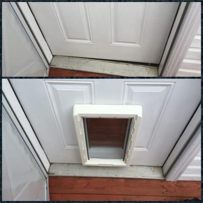 Before and after of the great dog door install performed by Leon