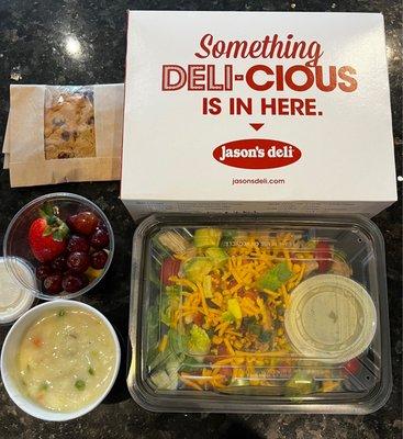 Lunchtime meeting-chicken pot pie soup, Mesa chicken salad and a fruit cup