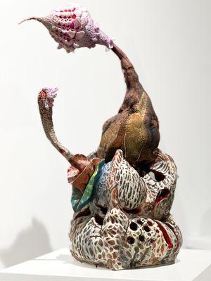 A whimsical ceramic piece by artist Balsam Abo Zour. This is at the downtown Mark Bettis Gallery at 15 Broadway Street.