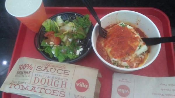 Lasagna  Greek salad, Garlic bread