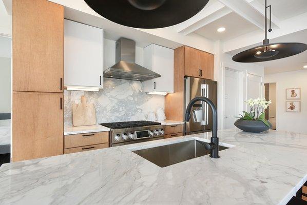 Calacatta Carrara marble countertops by Armina Stone at Lawrenceville Lofts in Pittsburgh.