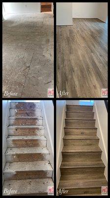 Removed carpet , leveled the subfloor then installed 12mm water resistant laminate flooring on floors and for stairs.