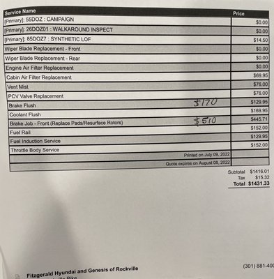 Invoice with supposed "parts cost on right" and "total cost" on left.