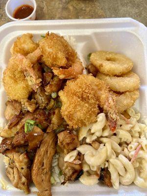 Crispy Shrimp & Teriyaki Chicken with Mac Salad and Aloha Tots