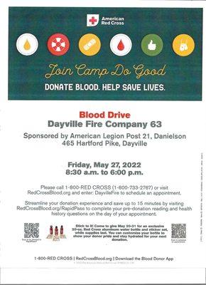 Blood Drive. Danielson American Legion Post 21 and Dayville Fire Company 63 having a Blood Drive May 27. Please call 1-800-733-2767 .