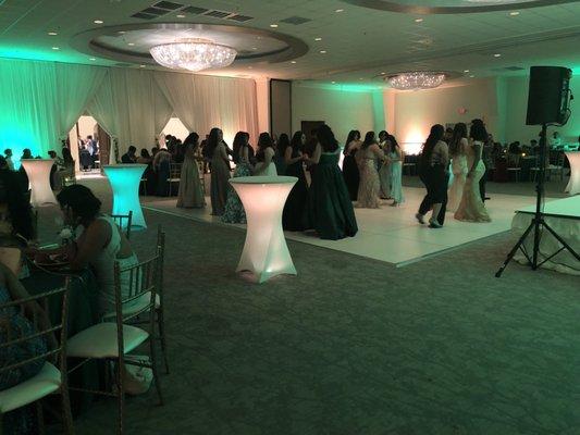 Draping and LED around walls depends on size of room.   LED cocktail tables $75 each