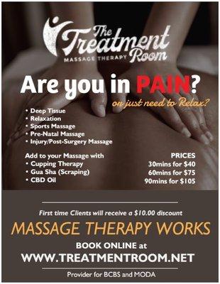 First Time Clients receive $10 off their first Massage