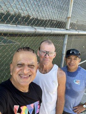 Playing outdoor racquetball with my new friends Marty and Pedro