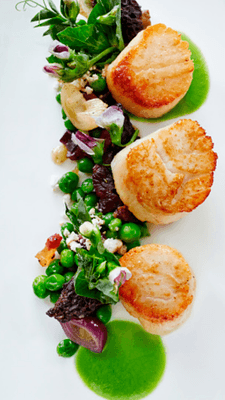 Pan Seared Scallops with pea's, pancetta, morels mushroom