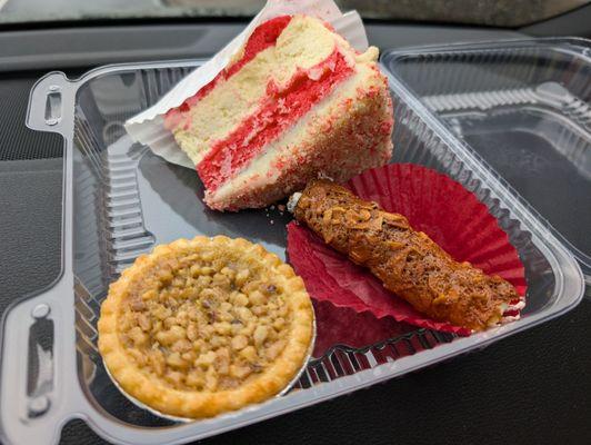 Pecan tart, canoli, strawberry crumble cheesecake