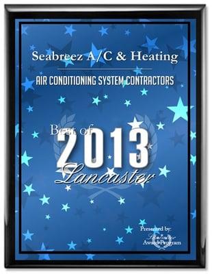 We are proud to announce that we have been awarded to be the best of 2013 HVAC in the Lancaster Area. Thank you all very much.