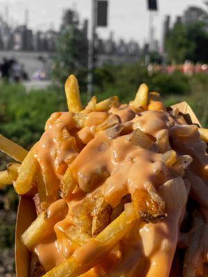 Plated Fries at Smorgasburg, $7 (shoestring fries, grilled onions, and special sauce)