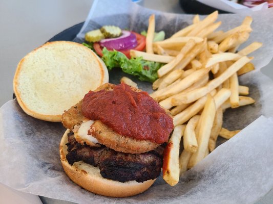 pizza burger with regular fries