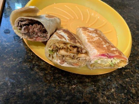 Beef shawarma, chicken shawarma and falafel sandwich