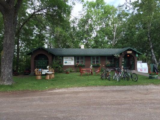 Office area directly pass trash & dump stations on your left.  You can purchase ice, snacks, firewood, etc here. Bike rack.