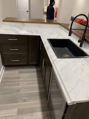 Finished basement bar with live edge countertops laminate countertop for sink side refrigerator absolutely beautiful