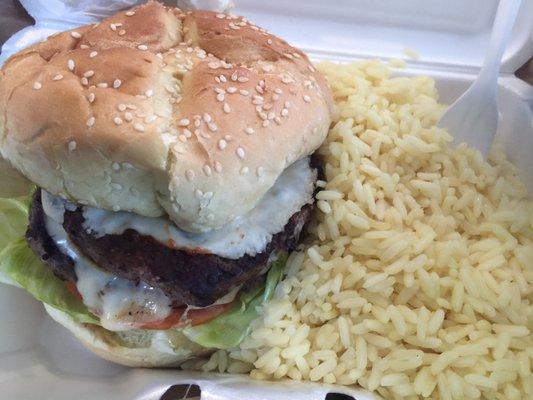 Excellent burger with rice.