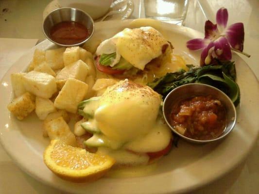 Santa Barbara eggs benedict which comes w/ a side of sauteed spinach & b-fast potatoes. As good as it looks!