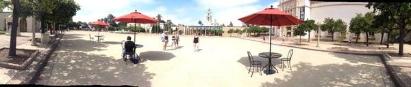 Panorama view, sculpture garden in distant middle, and San Diego Museum of Art to the right side.