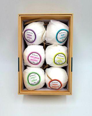 6pk Gift Box of all natural bath bombs. No artificial colors or fragrances. Just pure essential oils and a relaxing bath.