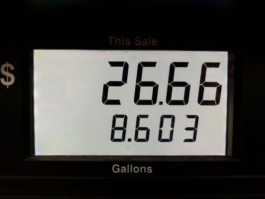 Slowest pump EVER. I was going to put in $40 but lost patience at $26.66. The devil is a lie.