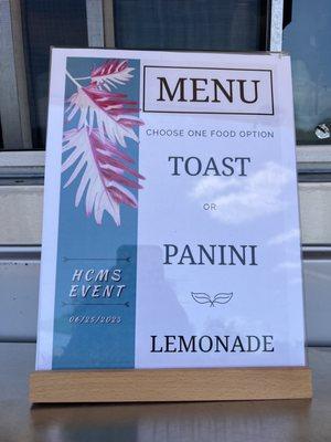 The HCMS Menu. One ticket for an avocado toast and a small lemonade