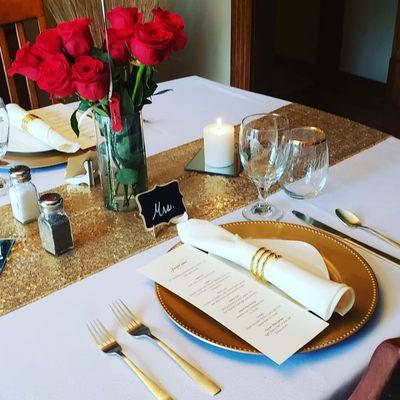 Intimate Dinner tablescape for a 50th wedding anniversary.