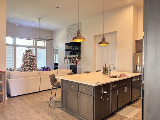 Pendent lights and ceiling fan installed