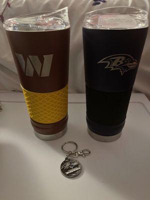 Washington Commanders and Baltimore Ravens Travel Tumblers and Ravens Keychain.