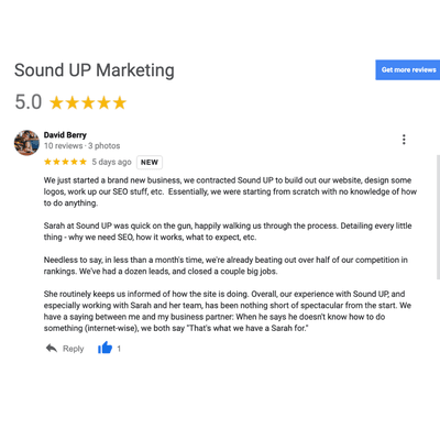 5-star review from a web build and SEO client.