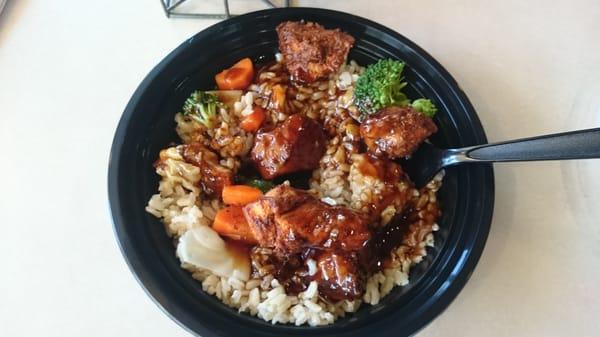 Chicken terakyi bowl with brown rice.