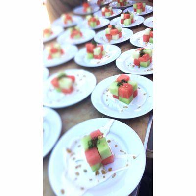 Melon rubix cube + slowly whipped cream cheese + granola + basil/mix