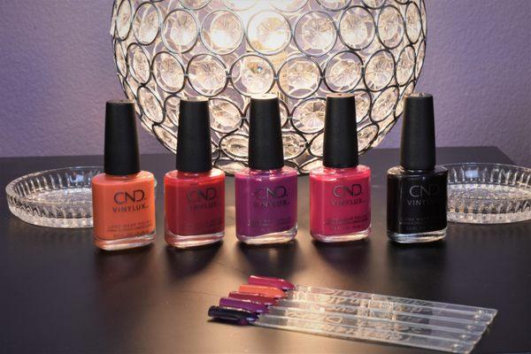 We use the complete line of CND products, Vinylux and Shellac.