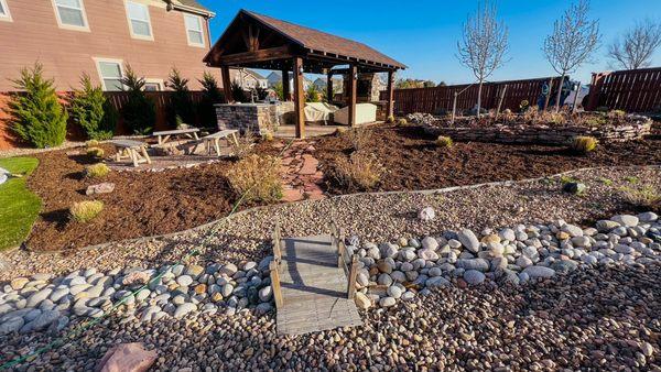 Pergola, Dry Creek Bed, Mulch and Trees