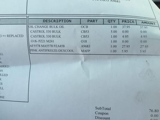 Minot Man oil change receipt