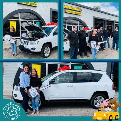 Aguilar family receiving their brand-new car! received the incredible gift through National Auto Body Council (NABC) Recycled Rides program.