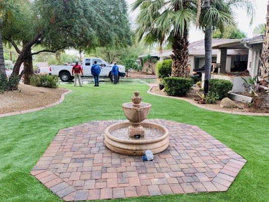 Pavers, Fountain and fake turf