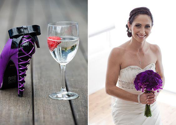 A bride is holding purple bouquet and all other the details are purple, captured by studio city wedding photographer.