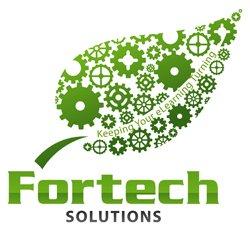 Fortech Solutions logo. Green gears in the shape of a leaf with the words Fortech Solutions underneath.