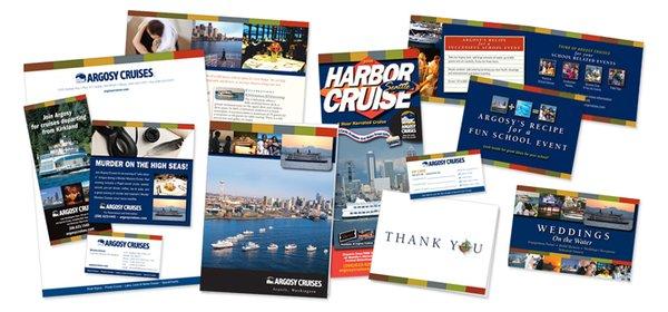 Marketing pieces for cruise company. Brochures, rack cards, fliers, catalog, cards.