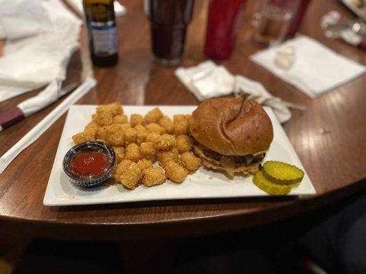 Impossible onion soup burger w the best crispy tots