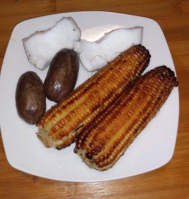 Nigerian fresh roasted Corn and pears & coconut.