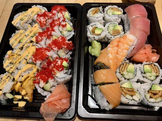 Four good rolls. Left to right: Hoosier Roll, California Plus Roll, Rainbow Roll and Inari Roll.