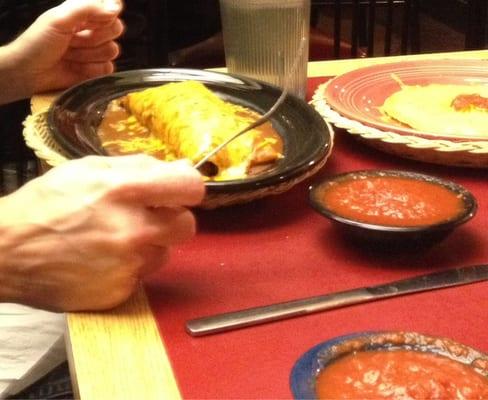 Lunchtime burrito special, cheese tostada, and hot sauce.