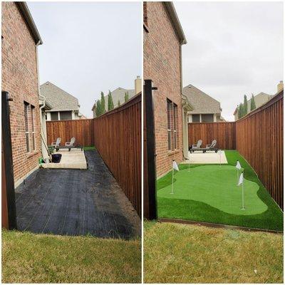 We transformed this empty side yard into a multi-level putter's paradise!