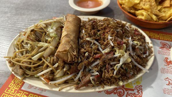 Express Combo #6 - BBQ Pork fried rice, Chicken Chow Mein and Egg Roll